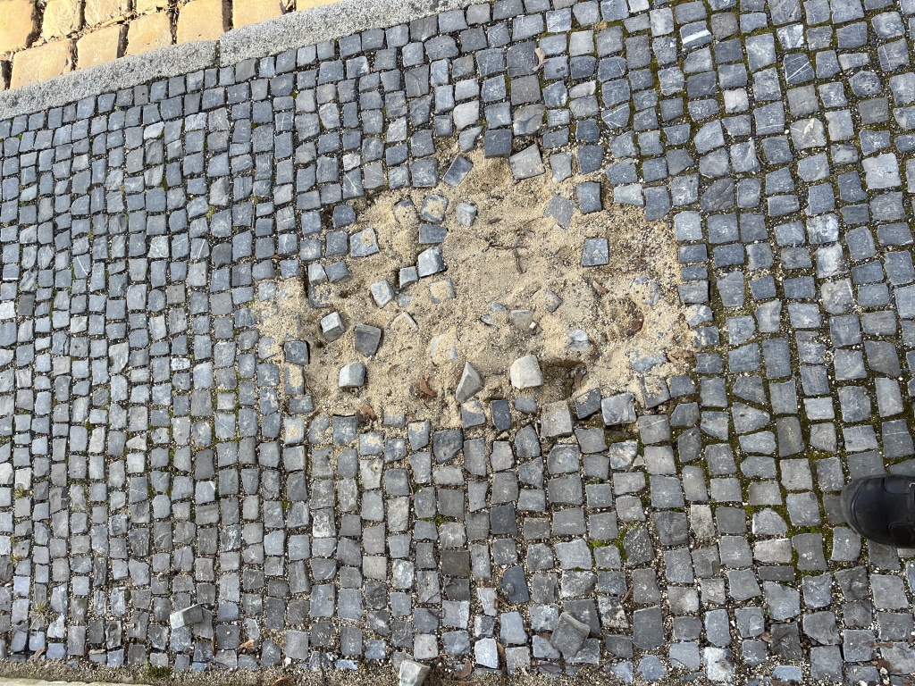 Rozpadlá pražská mozaika (chybějící kostky)
